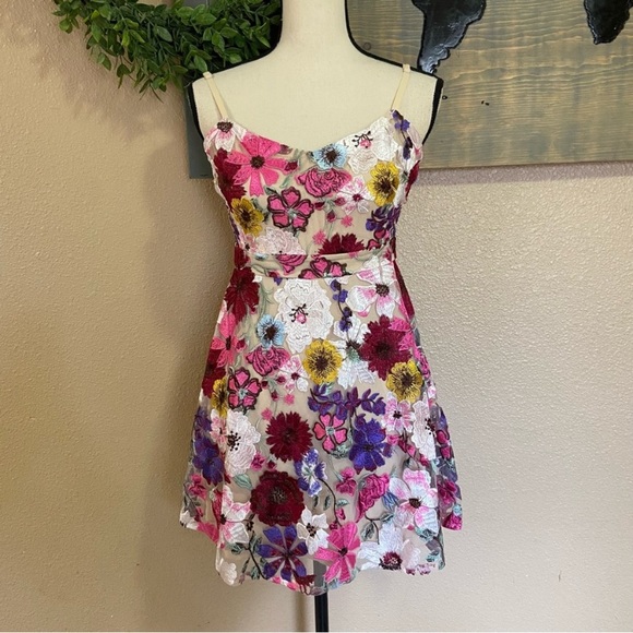 NWOT Lulus Garden Grandeur Beige Floral Embroidered A-Line Mini Dress - Picture 10 of 10